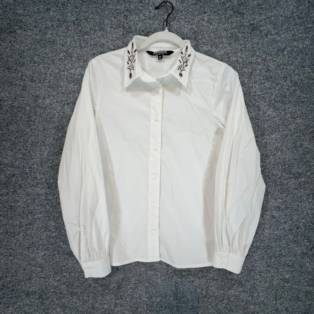 Disturbia Button Up Shirt Womens 4 White Embroidered Collar Gothic Dark Academia
